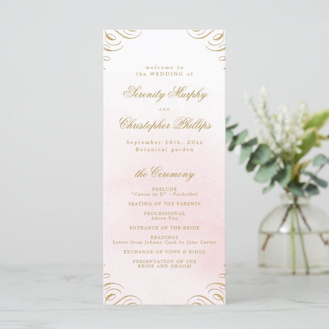 Programa de Casamento Clássico-Rosa e Ouro para Ca (Em pé/Frente)