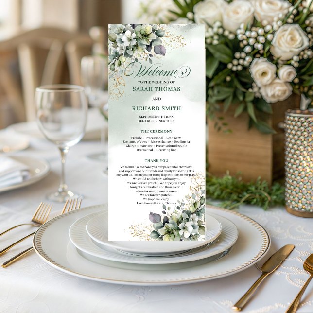 Programa de Casamento com Aquarela Botânica Verde  (Green White Botanical Watercolor Wedding Program)