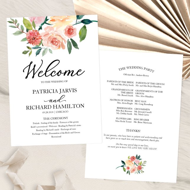 Programa de Casamento com Aquarela Floral Elegante (Criador carregado)