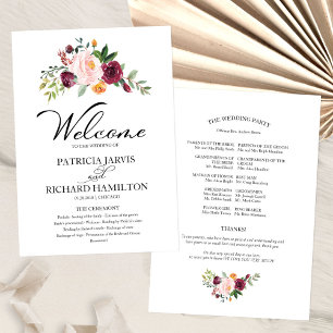 Programa de Casamento com Aquarela Floral Rosa Bur