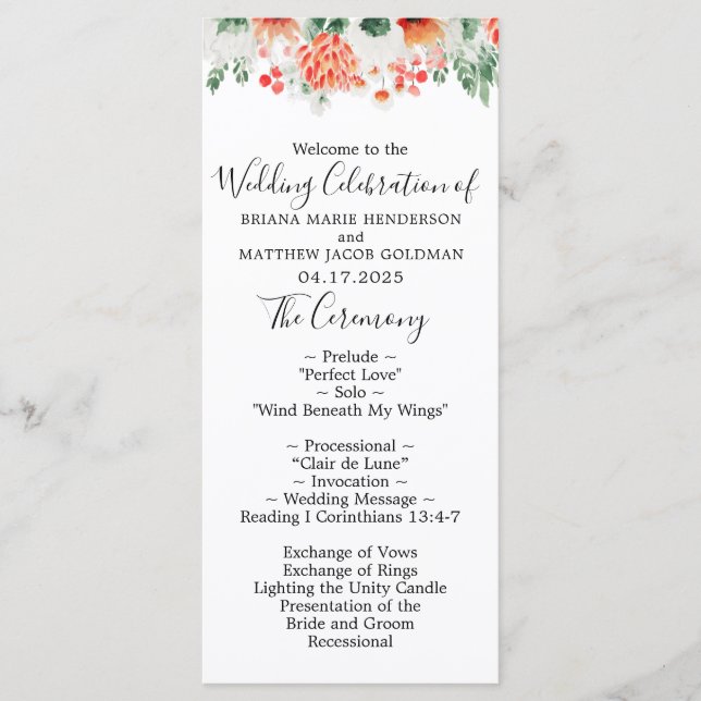 Programa de Casamento com Aquarela Moderna de Flor (Frente)