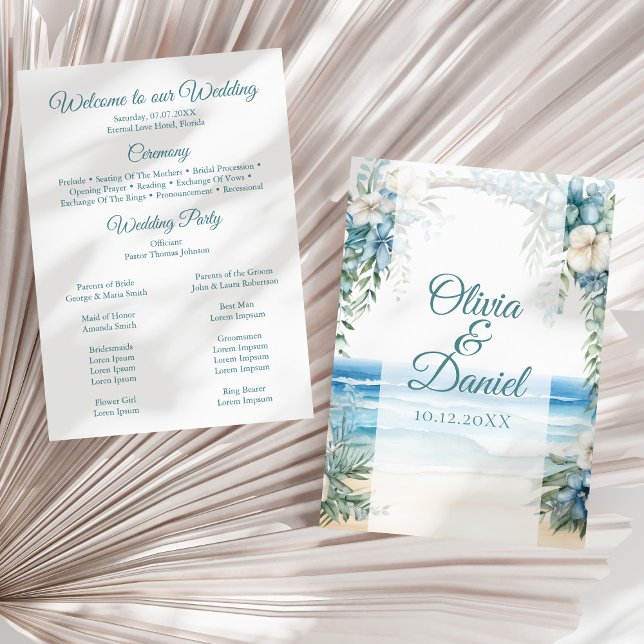 Programa de Casamento com Arco Floral Azul na Prai (Boho Beach Blue Floral Arch Wedding Program on a sunny neutral dry palm leaf.)