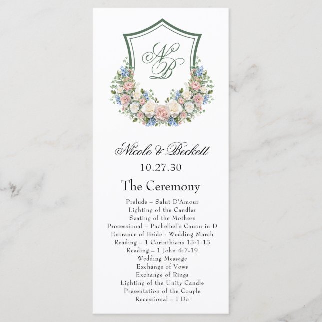 Programa de Casamento com Brasão Floral Azul Empoe (Frente)