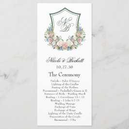 Programa de Casamento com Brasão Floral Azul Empoe
