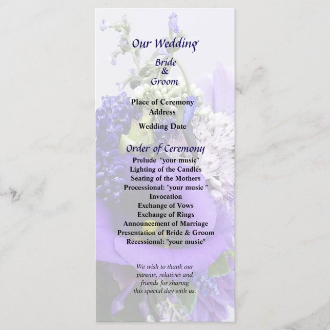 Programa de Casamento com Buquê em Tons de Roxo (Frente)