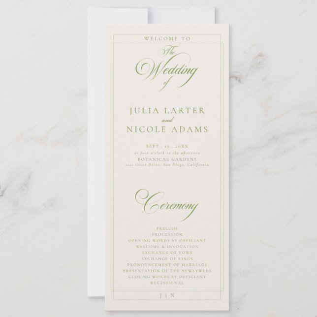 Programa de Casamento com Caligrafia em Marfim Ver (Frente)