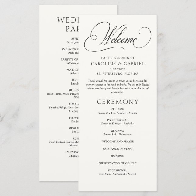 Programa de Casamento com Caligrafia Formal em Scr (Frente/Verso)