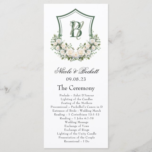 Programa de Casamento com Crista de Flores Brancas (Frente)