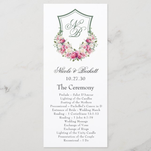Programa de Casamento com Crista Floral Rosa (Frente)