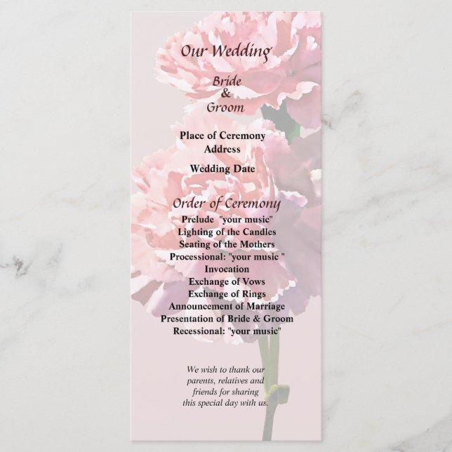 Programa de Casamento com Duas Cravinas Rosas (Frente)