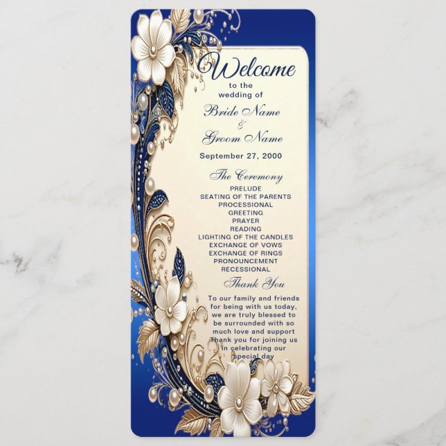 Programa de Casamento com Enfeite Floral Azul Bran (Frente)