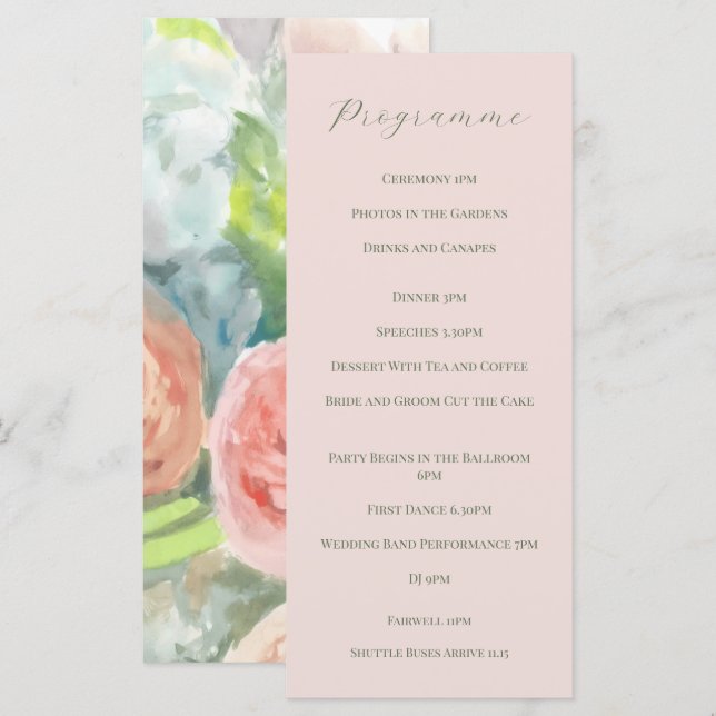 Programa de casamento com floral rosa e verde no v (Frente/Verso)