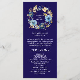 Programa de Casamento com Flores Azuis e Douradas