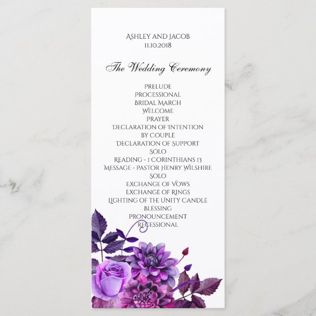 Programa de casamento com flores roxas Cerimônia f (Frente)