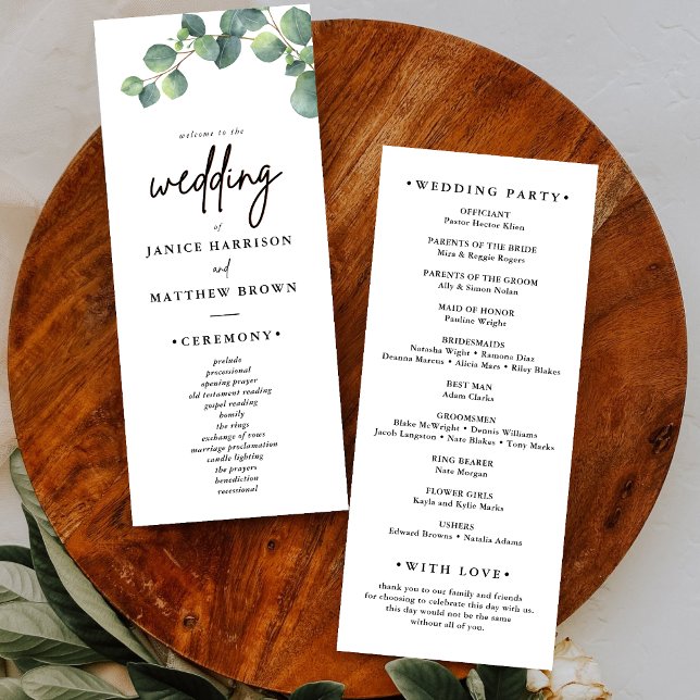 Programa de Casamento com Folhagens Rústicas de Eu (Eucalyptus greenery wedding program guides your ceremony with rustic charm and clear flow.)