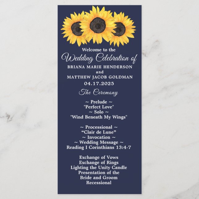 Programa de Casamento com Girassóis Floral Country (Frente)