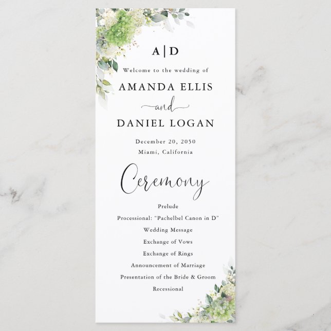 Programa de Casamento com Hortênsias Verdes (Frente)