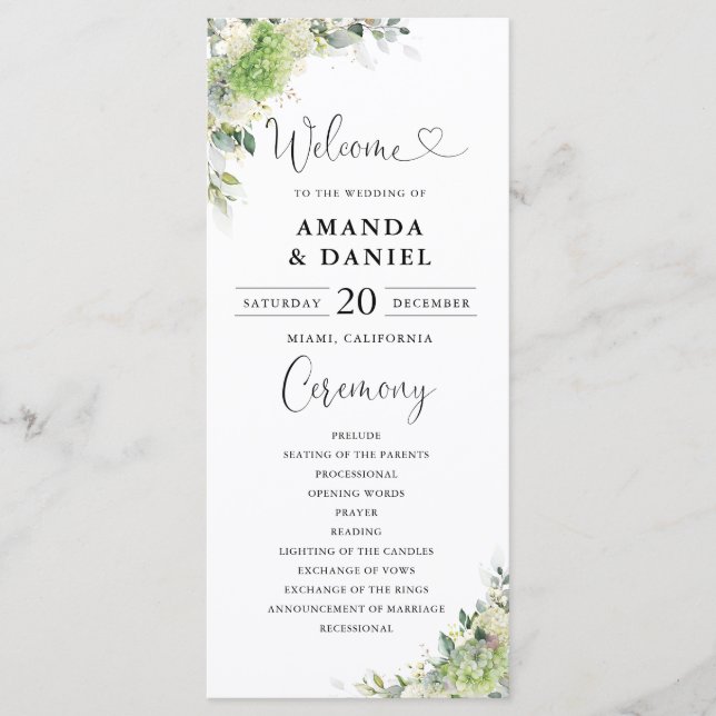 Programa de Casamento com Hortênsias Verdes (Frente)