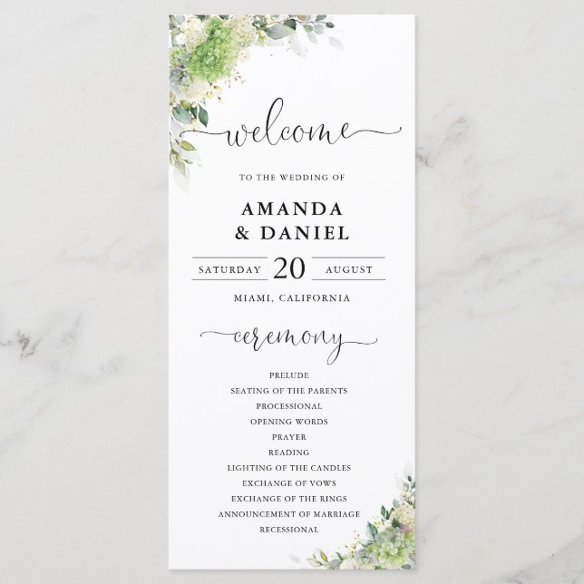 Programa de Casamento com Hortênsias Verdes (Frente)