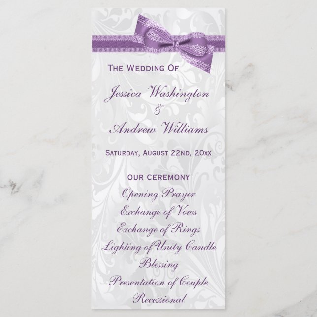 Programa de Casamento com Laço Falso Roxo e Damask (Frente)