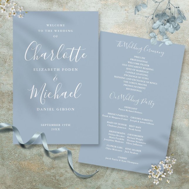 Programa de casamento com letra cursiva azul poeir (Dusty Blue Signature Script Wedding Program)