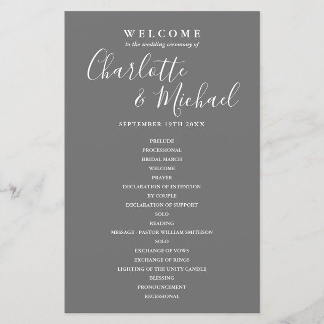 Programa de Casamento com Letra Elegante Cinza e B (Frente)