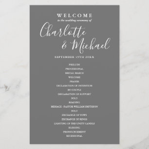 Programa de Casamento com Letra Elegante Cinza e B