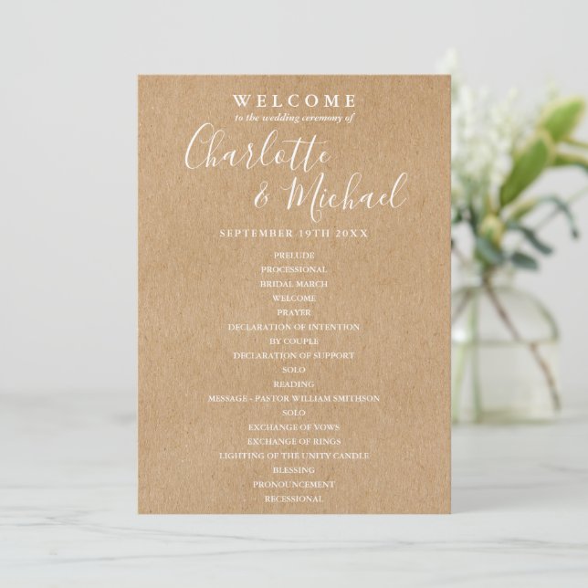 Programa de Casamento com Letra Elegante e Kraft R (Em pé/Frente)