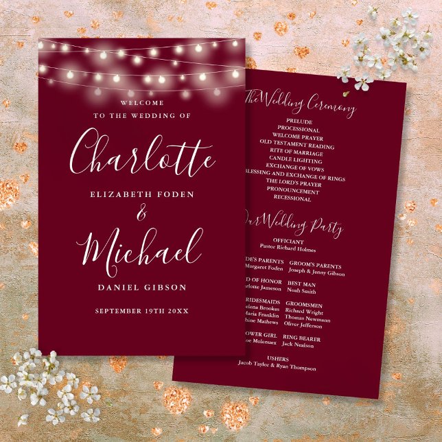 Programa de Casamento com Luzes de Corda Burgundy (Burgundy String Lights Wedding Program)