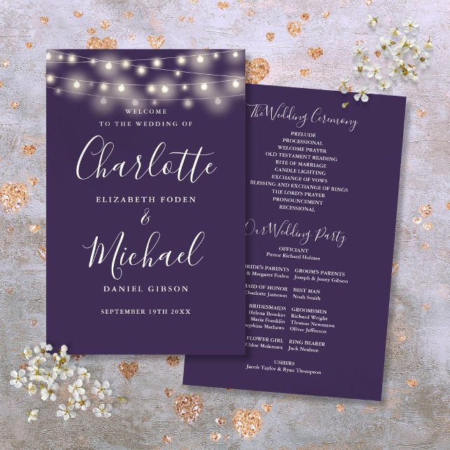 Programa de Casamento com Luzes de Corda Roxas (Purple String Lights Wedding Program)