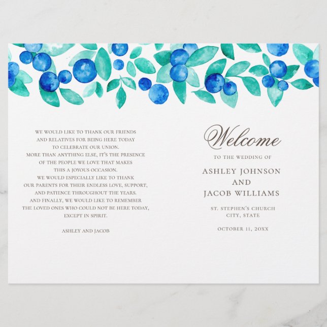 Programa de casamento com mirtilos. Aquarela azul  (Frente)
