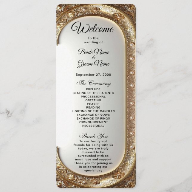Programa de Casamento com Moldura Dourada Ornament (Frente)