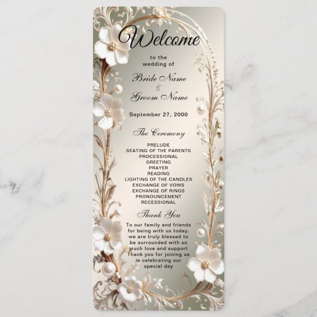 Programa de Casamento com Moldura Floral Branca Or (Frente)