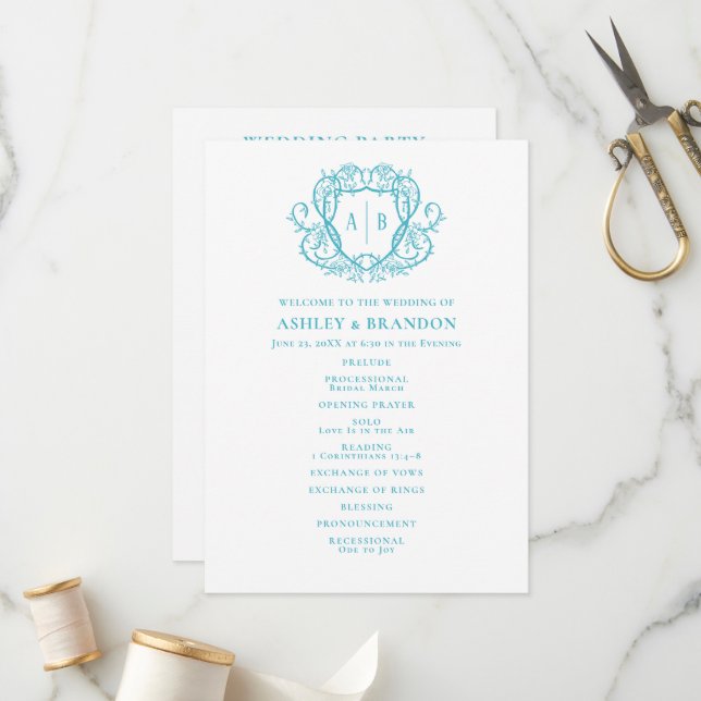 Programa de Casamento com Monograma e Crista Turqu (Frente/Verso In Situ)