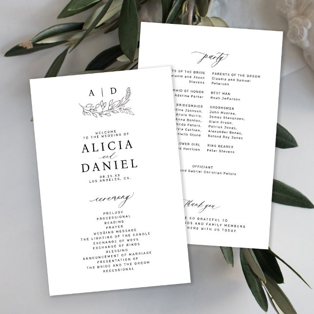 Programa de casamento com monograma preto e branco (Criador carregado)