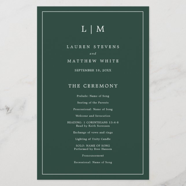 Programa de Casamento com Monograma Simples em Ver (Frente)