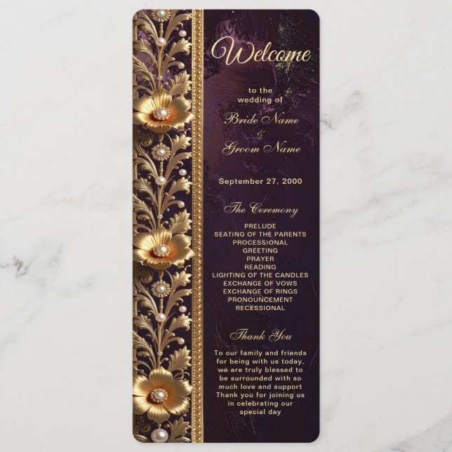 Programa de Casamento com Ornamento Floral Dourado (Frente)