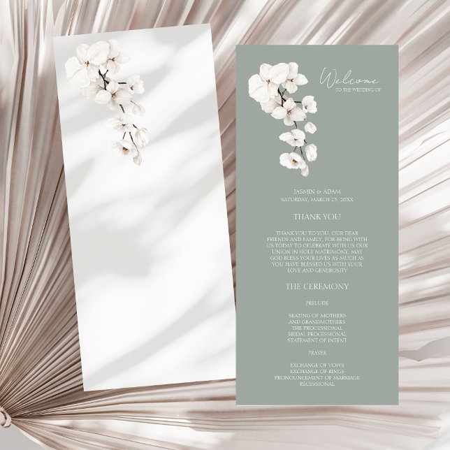 Programa de Casamento com Orquídea Branca e Verde  (Modern Sage Green White Orchids Wedding Program)