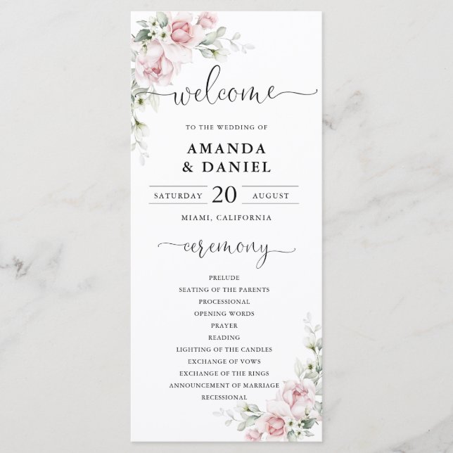 Programa de Casamento com Rosas Rosa Bege (Frente)