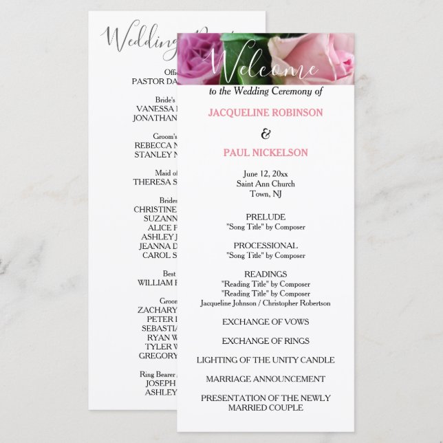 Programa de Casamento com Rosas Rosadas (Frente/Verso)