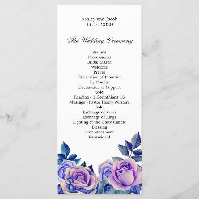 Programa de casamento com rosas roxas. Cerimônia f (Frente)