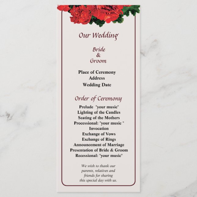 Programa de Casamento com Várias Gerânios Vermelho (Frente)