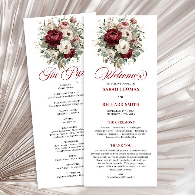 Programa de Casamento com Vegetação Burgundy Blush (Trendy Blush Burgundy Greenery Wedding Program)