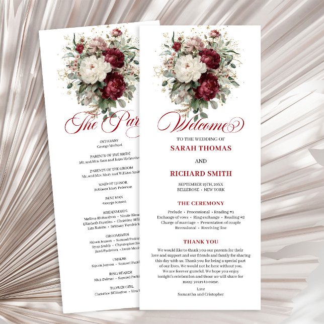 Programa de Casamento com Verdejante Borgonha e Ru (Botanical Blush Burgundy Greenery Wedding Program)