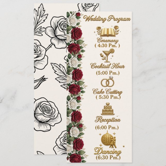 Programa de Casamento Completo com Rosas de Nova Y (Frente/Verso)