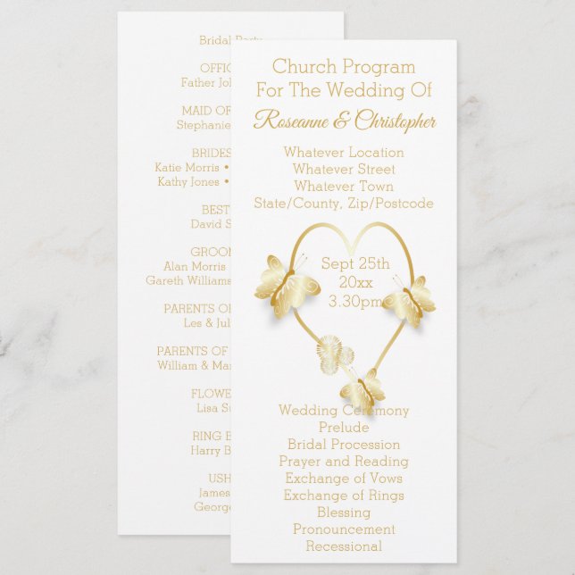 Programa de Casamento Coração Borboleta Dourado (Frente/Verso)