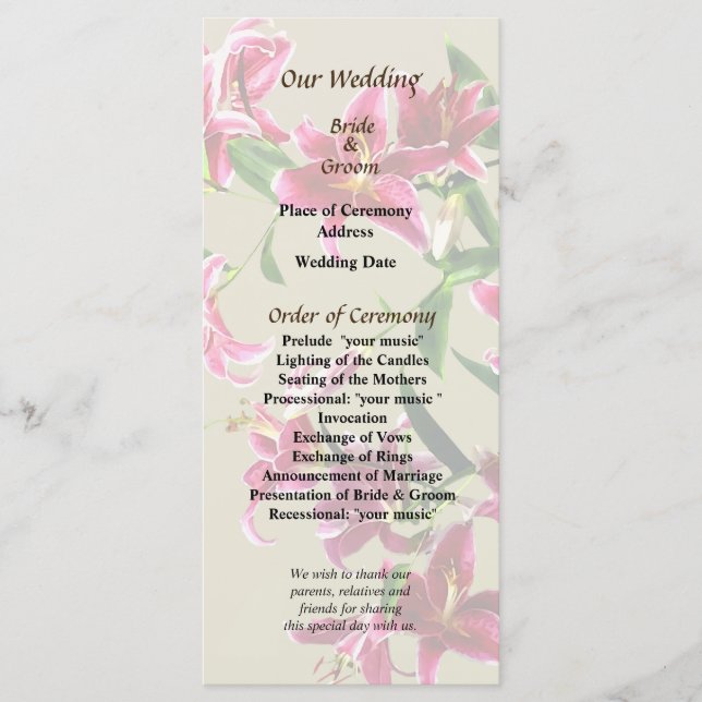 Programa de Casamento Coração de Lírios Stargazer (Frente)
