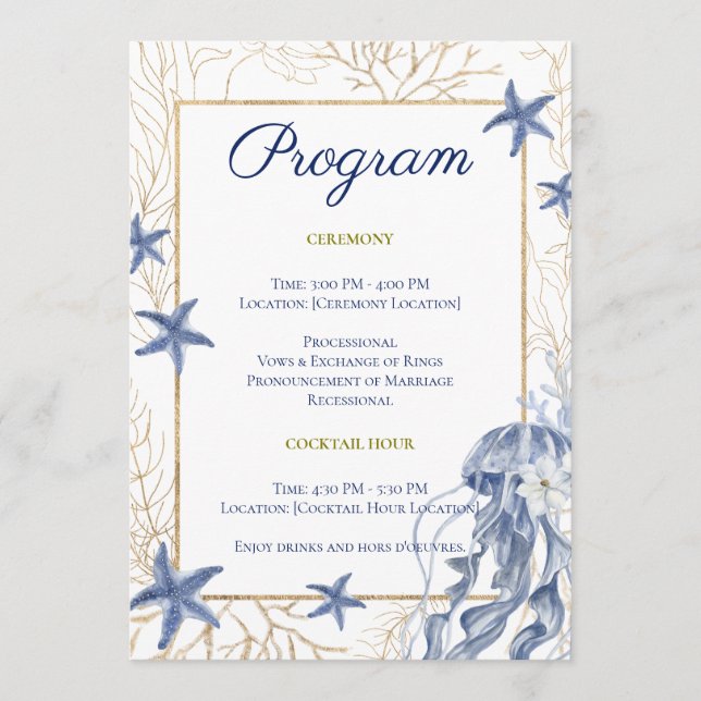 Programa de Casamento Costeiro Azul e Dourado (Frente)