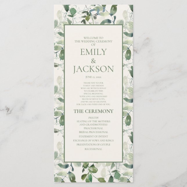 Programa de Casamento Creme Folhas Verde Musgo Sal (Frente)