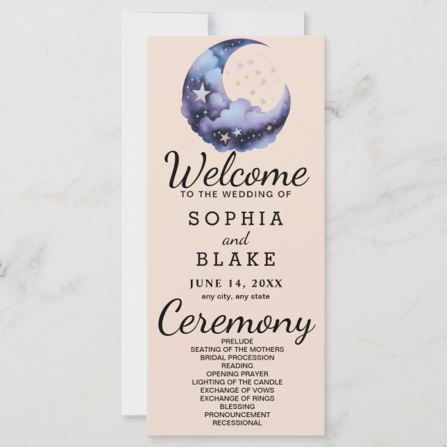 Programa de Casamento Crescente Azul e Preto Lua (Frente)